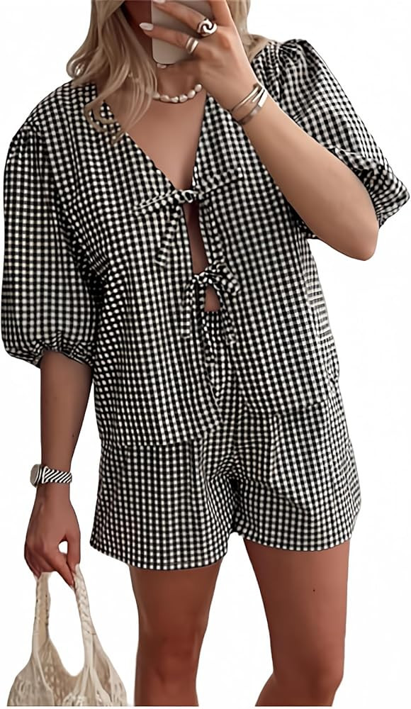 Yuemengxuan Women Y2k Peplum Shirt Shorts Two Piece Lounge Set Pajamas Puff Sleeve Tie Front Top ... | Amazon (US)