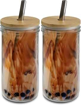 brimley 20oz Glass Boba Bubble Tea Cup with Bamboo Lid, 2 Pack - Reusable Smoothie Cups/Glass Cof... | Amazon (US)
