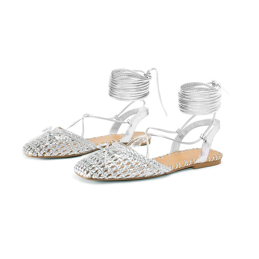 Woven Ballet Flats for Women Lace Up Closed Square Toe Summer Flats Shoes | Amazon (US)