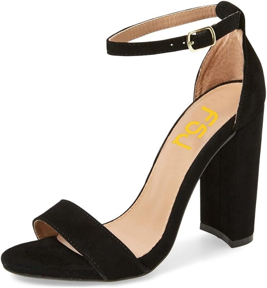FSJ Women Classic Chunky High Heel Sandals Open Toe Ankle Strap Single Band Dress Shoes Size 4-15... | Amazon (US)