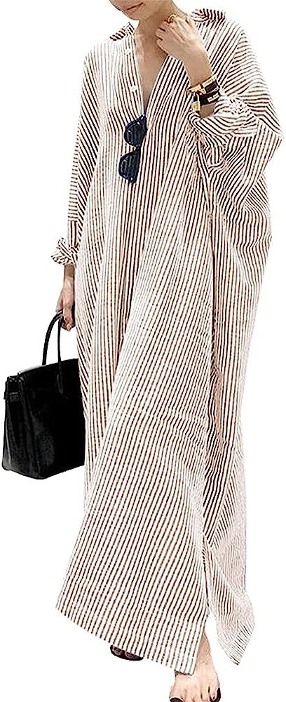 chouyatou Women's Casual Long Sleeve Button Down Loose Striped Cotton Maxi Shirt Dress | Amazon (CA)