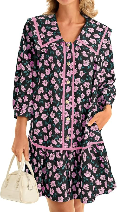 Wenrine Womens Casual Shirt Dresses 3/4 Long Sleeve Floral Button Down Flowy Babydoll Fall Mini D... | Amazon (US)