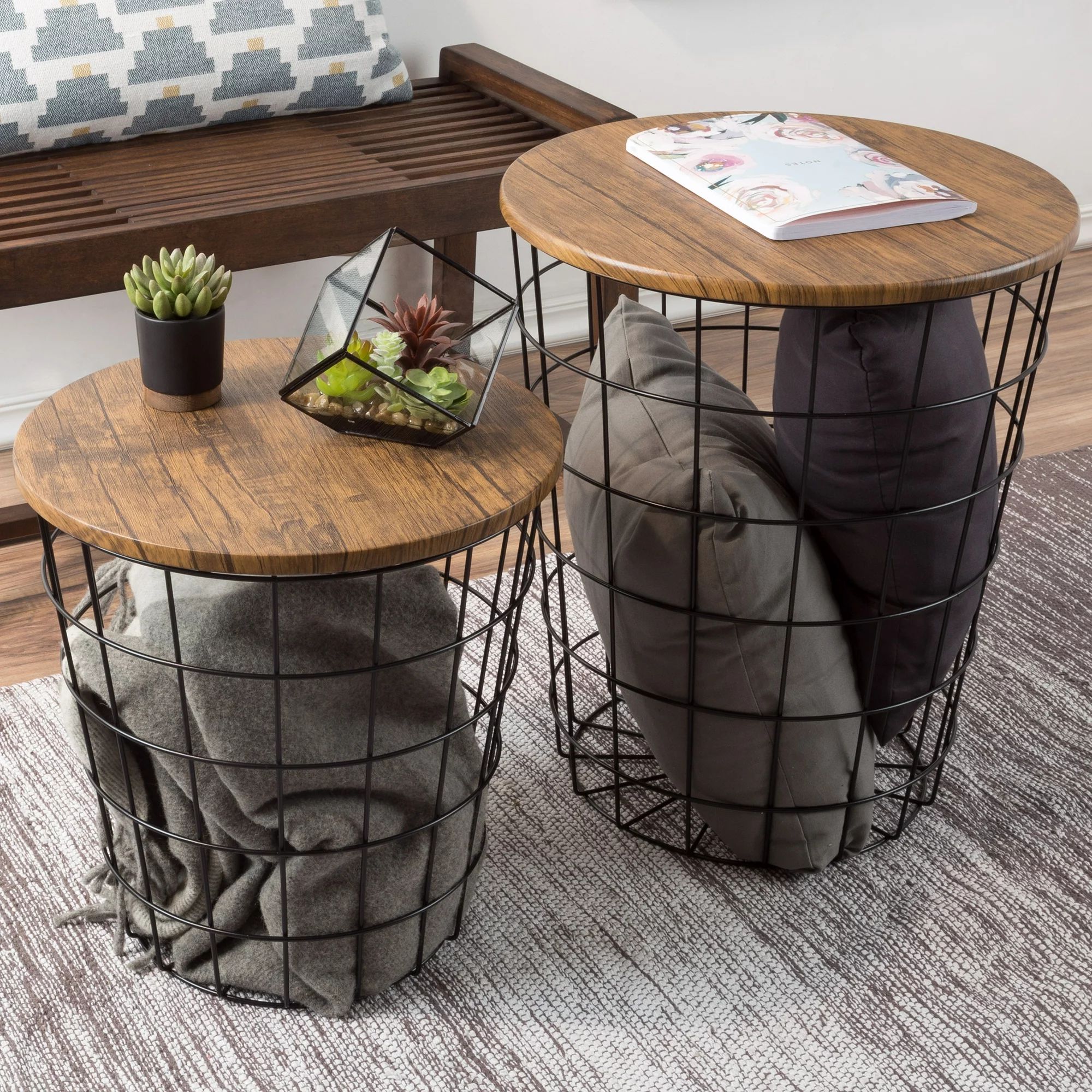 Nesting End Tables with Storage- Set of 2 Convertible Round Metal Basket Veneer Wood Top Accent S... | Walmart (US)