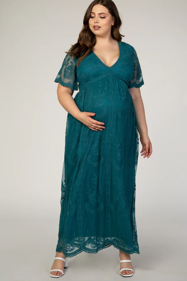 PinkBlush Teal Lace Mesh Overlay Plus Maternity Maxi Dress | PinkBlush Maternity