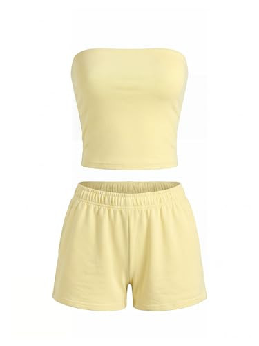 MakeMeChic Womens 2 Piece Sets Summer Outfits Shorts Athleisure Lounge Sets Pale Yellow Small | Amazon (US)