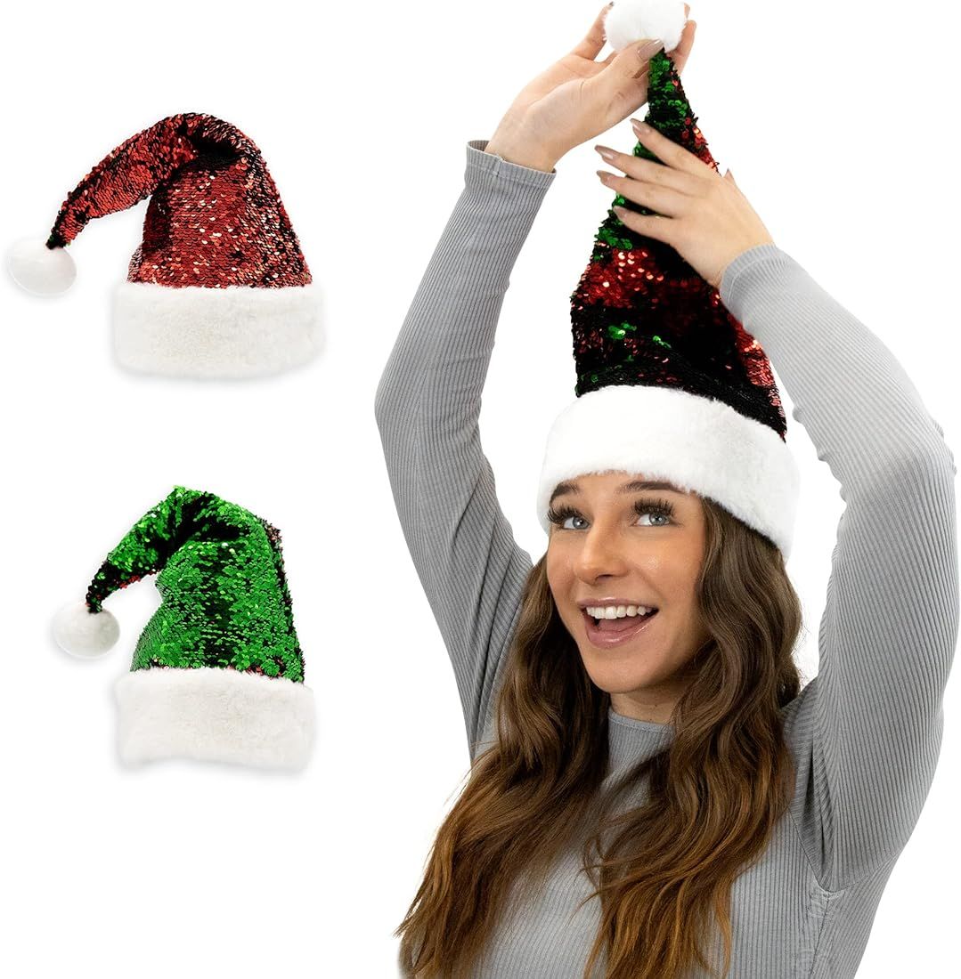 Amazon.com: Plushible Santa Hat - Red & Green Flip Sequin Christmas Hats for Adults, Teens & Kids... | Amazon (US)