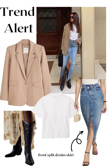Trend alert! 
Split front denim skirt 
How to style 
Spring trend 
Spring outfit 
Cowboy boot outfit
Blazer outfit 

#LTKFestival #LTKstyletip