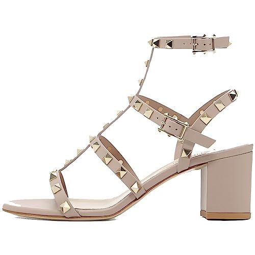 Comfity Leather Sandals for Women,Rivets Studded Strappy Block Heels Slingback Gladiator Shoes Cu... | Amazon (US)