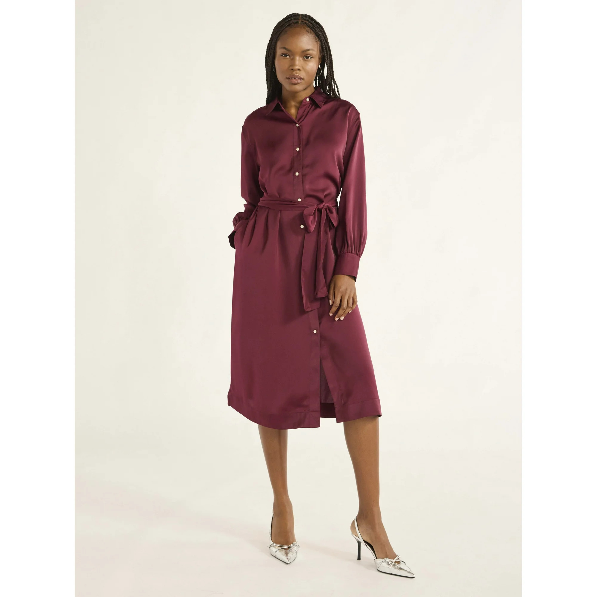 Free Assembly Women’s Belted Midi Shirtdress with Long Sleeves, Size XS-XXXL | Walmart (US)