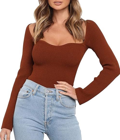 LILLUSORY Women's Sexy Casual Square Neck 2022 Fall Trendy Cute Long Sleeve Going Out Ribbed Knitted | Amazon (US)