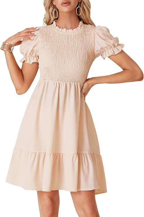 Umenlele Women's Casual Smocked Puff Short Sleeve Ruffle Crew Neck Flowy Summer Short Mini Dress | Amazon (US)