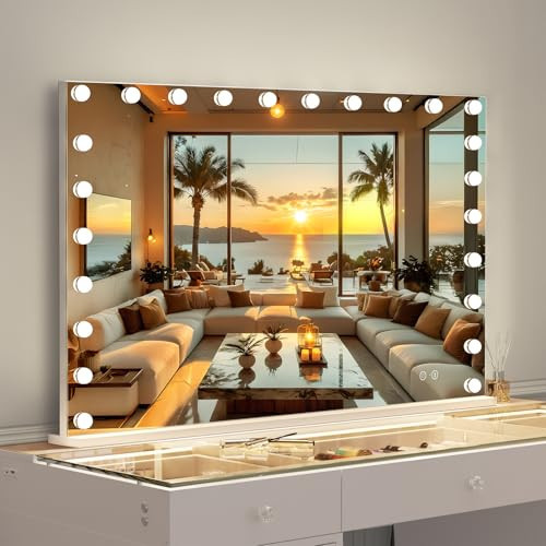 VANITII Large Hollywood Vanity Mirror with Lights and Bluetooth Speaker, 47.2" x 35.5" Makeup Light Up Mirror Lighting Modes Smart Touch White for Vanity Desk | Amazon (US)