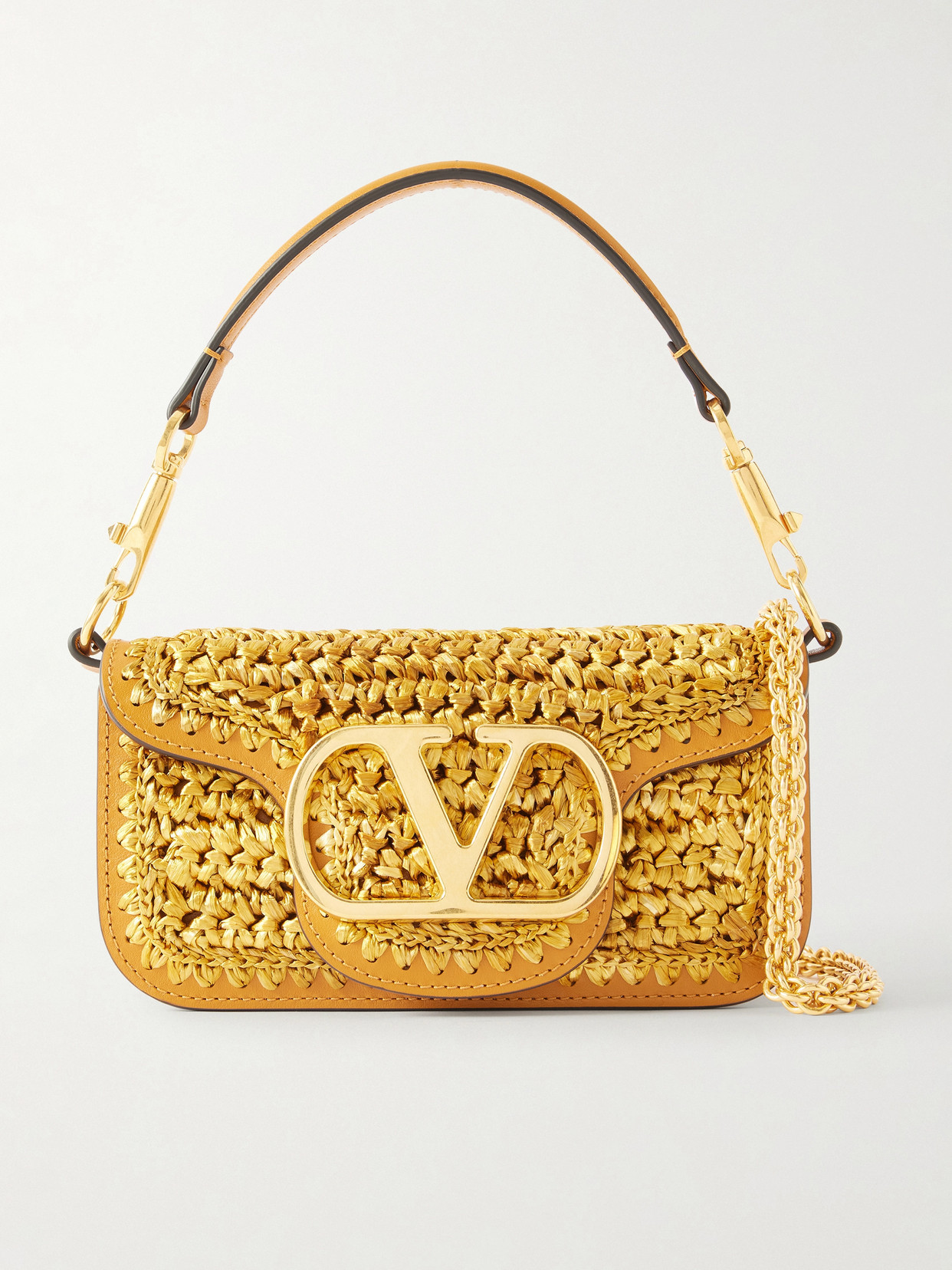 Valentino Garavani - Vlogo Embellished Leather-trimmed Metallic Raffia Shoulder Bag - Gold | NET-A-PORTER (US)