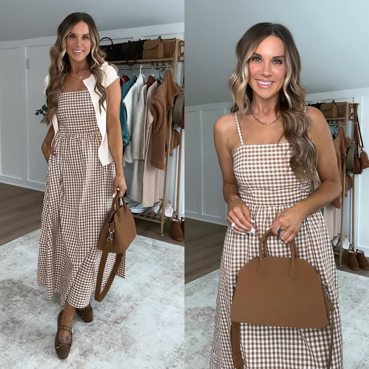 Loving this gingham sundress! Perfect for coffee dates, school drop-off, church, and everything in between. I'll pair this brown gingham dress with chocolate brown suede shoes, the cutest suede bag, and a short sleeve top with buttons for the perfect Spring or Easter outfit! 

 #LTKootd #LTKmomlife #LTKSeasonal
