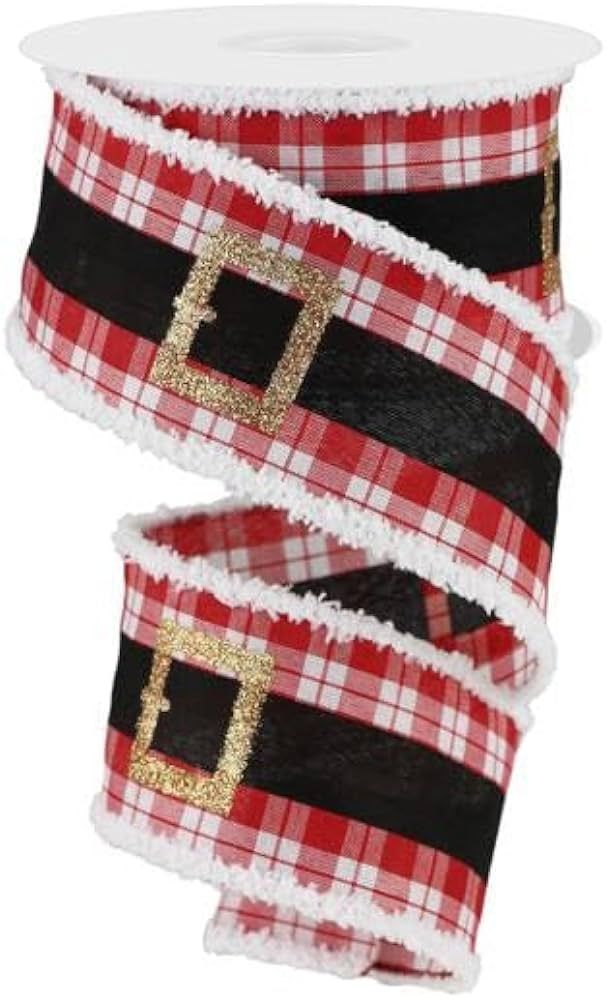 Christmas Santa's Belt Buckle on Woven Check Ribbon with Snowdrift Wired Edge - 2.5" x 10 Yards (... | Amazon (US)