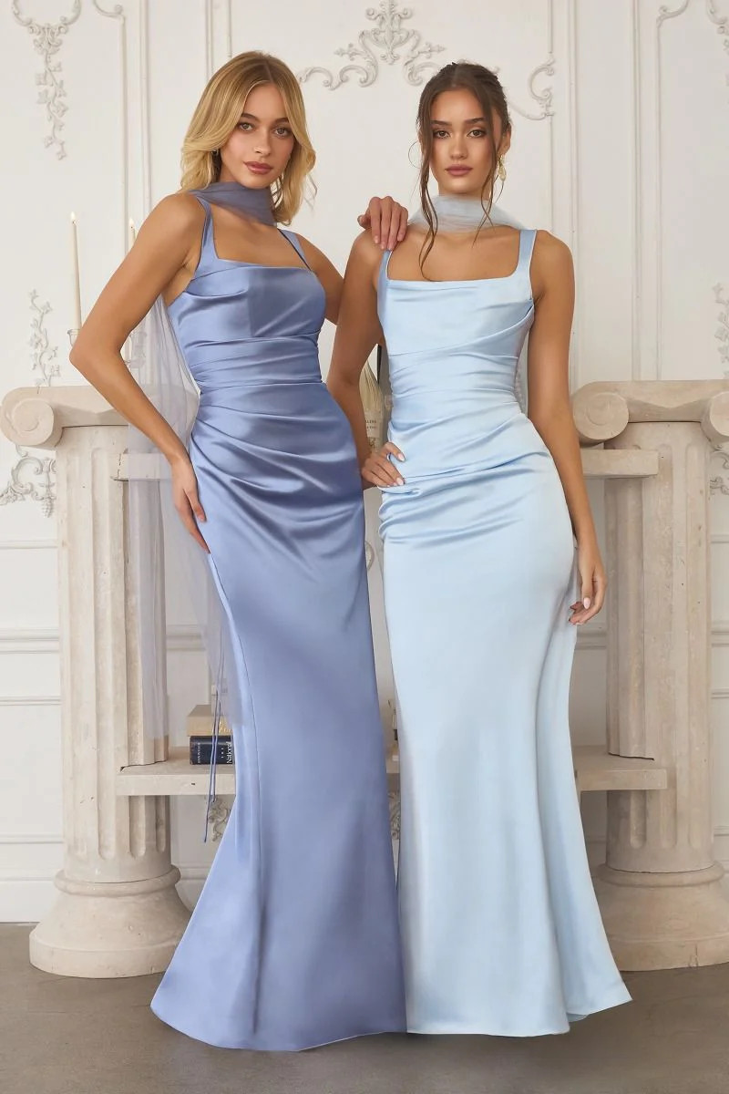 Toby Maxi - Satin Dress with Lace Up Back & Scarf | Lady Black Tie