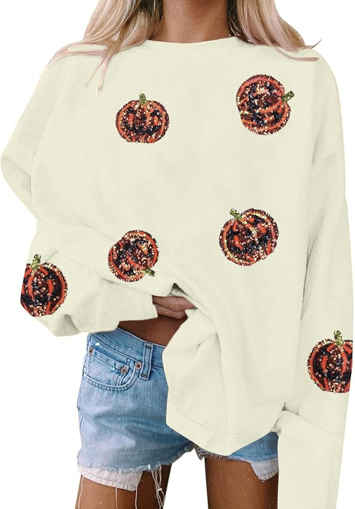 VILOVE Halloween Pumpkin Sequin Sweatshirt Women: Pumpkin Face Long Sleeve Tops Fall Pumpkin Hood... | Amazon (US)