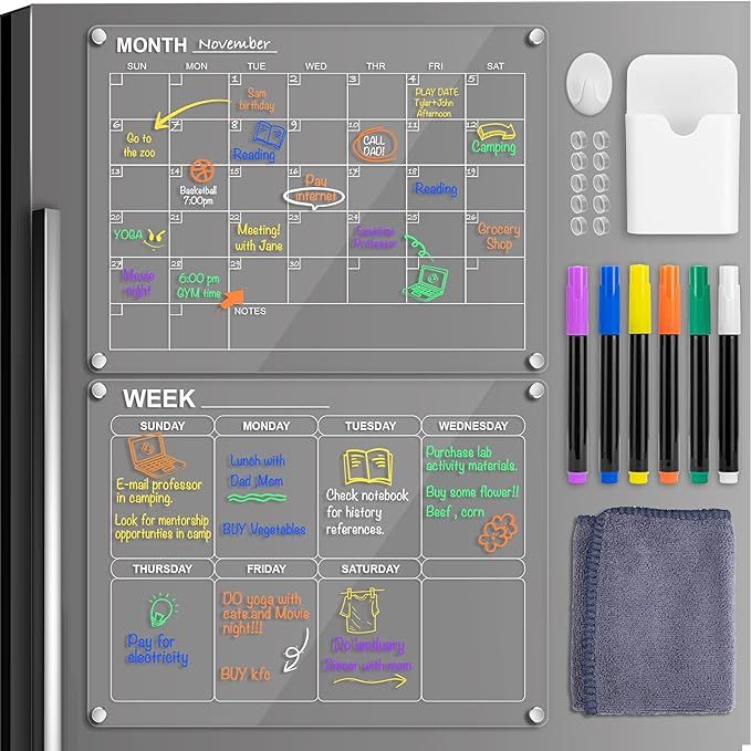 Magnetic Acrylic Calendar for Fridge 16"x12", 2 Set Monthly and Weekly Reusable Dry Erase Calenda... | Amazon (US)