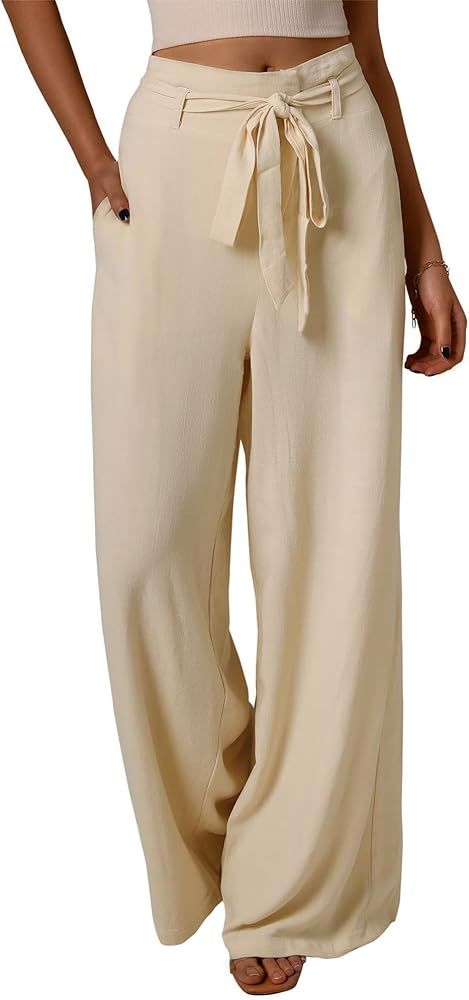 HUHOT Women‘s Flowy Summer Linen Pants 2024 Beach Palazzo Pants Wide Leg Lounge Pants | Amazon (US)