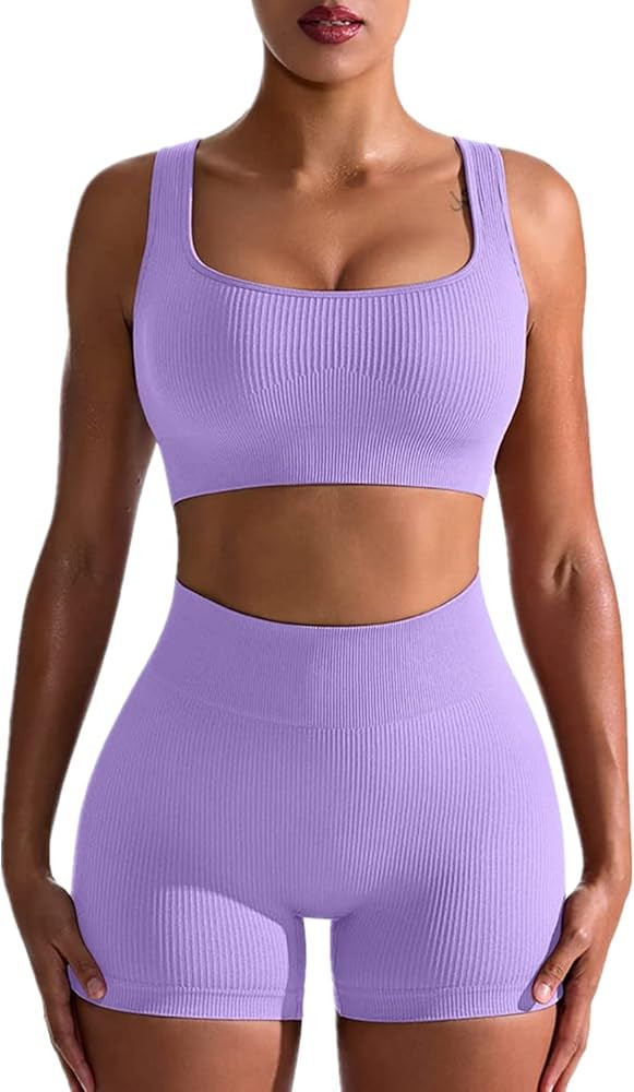 ABOCIW Womens Workout Sets 2 Piece Seamless Ribbed High Waist Shorts with Tank Crop Top Sport Bra... | Amazon (US)