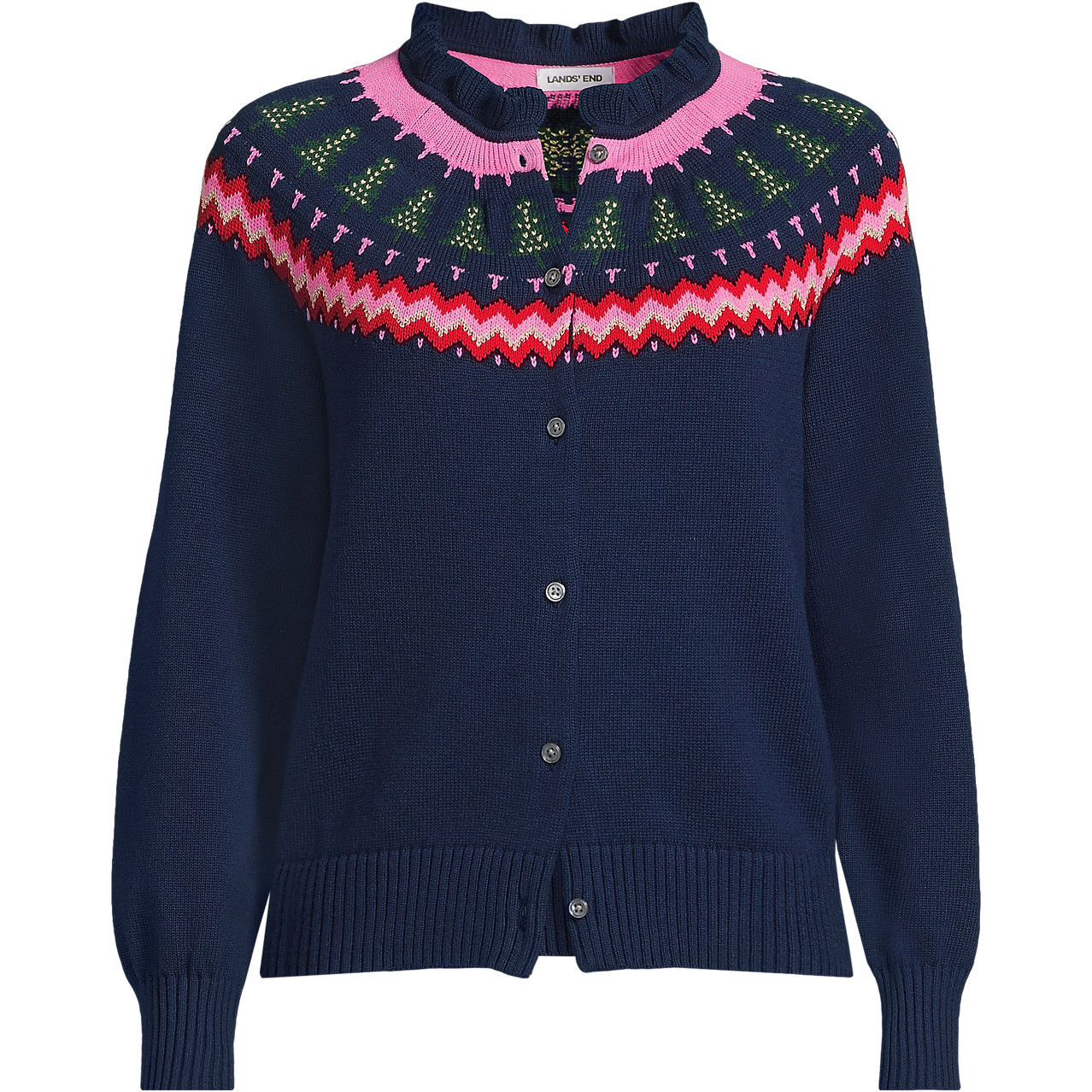 Women's Drifter Lurex Ruffle Neck Jacquard Cardigan Sweater | Lands' End (US)