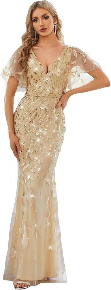 Ever-Pretty Women's Sequin Formal Dresses V-Neck Ruffles Sleeves Embroidery Mermaid Long Evening ... | Amazon (US)