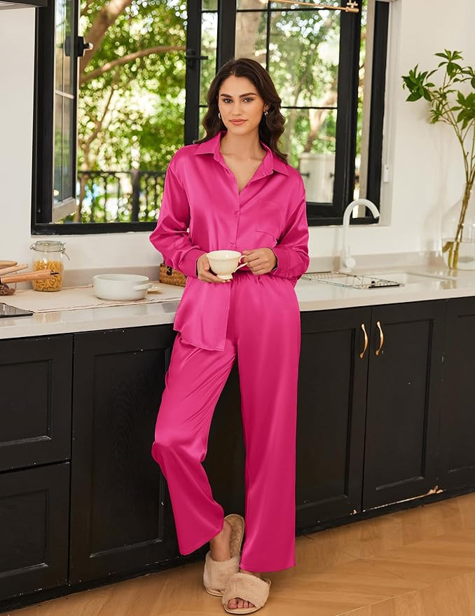 Ekouaer Womens Satin Silky Pajama Set 2 Piece Print PJs Soft Loungewear Button Down Sleepwear wit... | Amazon (US)