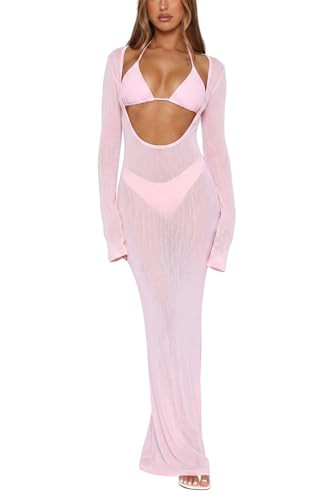 Women's 3 Piece Swimsuit Set Bikini with Sheer Cover Up Maxi Beach Dress | Amazon (US)