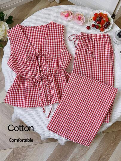 Sweetra European & American Summer New Red Retro Plaid Lace-Up Minimalist Straight-Leg Pants, Ver... | SHEIN