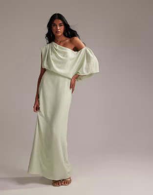 ASOS DESIGN Bridesmaids crepe one shoulder draped maxi dress in light green | ASOS | ASOS (Global)