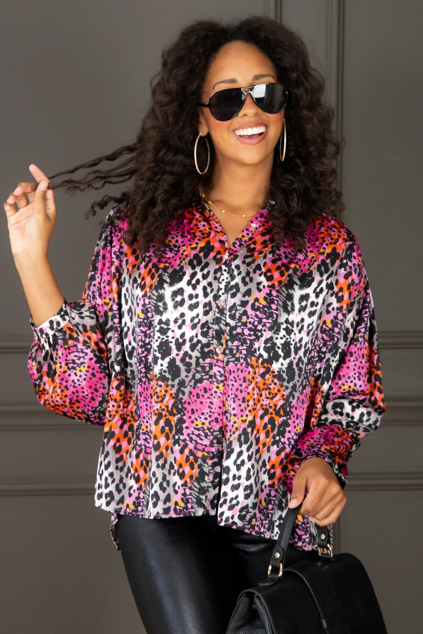 Out In The Open Orchid Leopard Long Sleeve Blouse | The Willow Tree