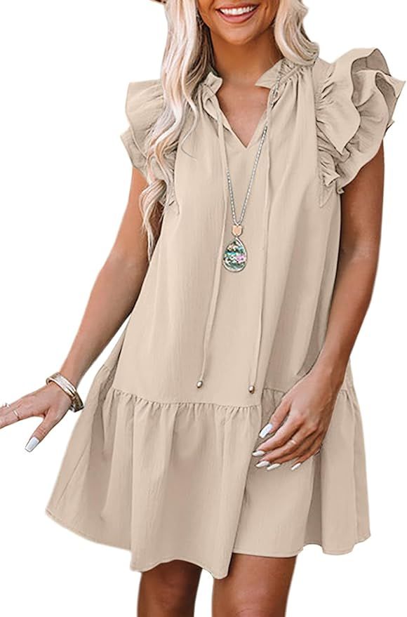 Dokotoo Womens 2024 Summer V-Neck Drawstring Ruffle Cap Short Sleeve Side Pockets Mini Dress Sund... | Amazon (US)