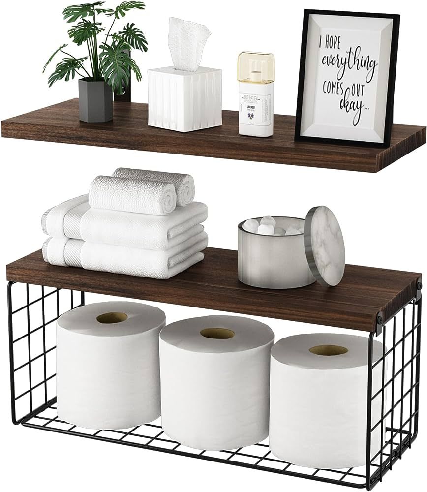 LYNITURE Floating Shelves with Wire Storage Basket, Wall Mounted Bathroom Shelves Over Toilet, Ru... | Amazon (US)