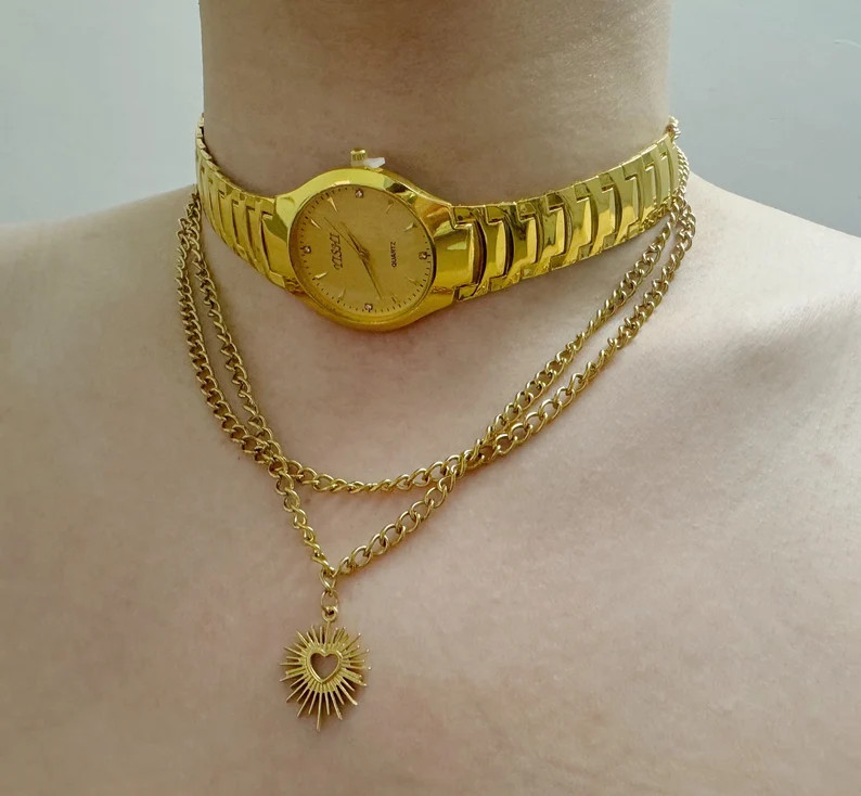 Gold Watch Choker Necklace,Trend Clutter Cool Necklace Clock Necklace,Vintage Jewelry Gold Choker... | Etsy (Global)