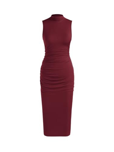 CIDER Work Dresses for Women High Neck Sleeveless Bodycon Ruched Cocktail Party Midi Dresses Red | Amazon (US)