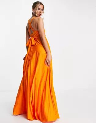 ASOS DESIGN plunge halter cross back self tie pleated maxi dress in orange | ASOS (Global)