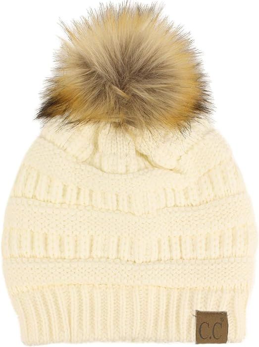 CC Fur Pom Winter Fall Trendy Chunky Stretchy Cable Knit Beanie Hat | Amazon (US)