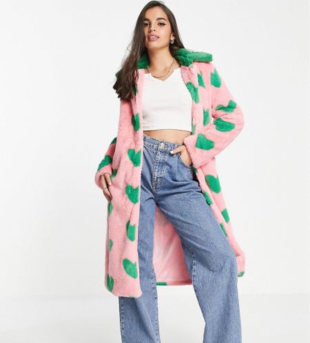 Daisy Street longline faux fur coat in contrast heart print.

#LTKfindsunder100