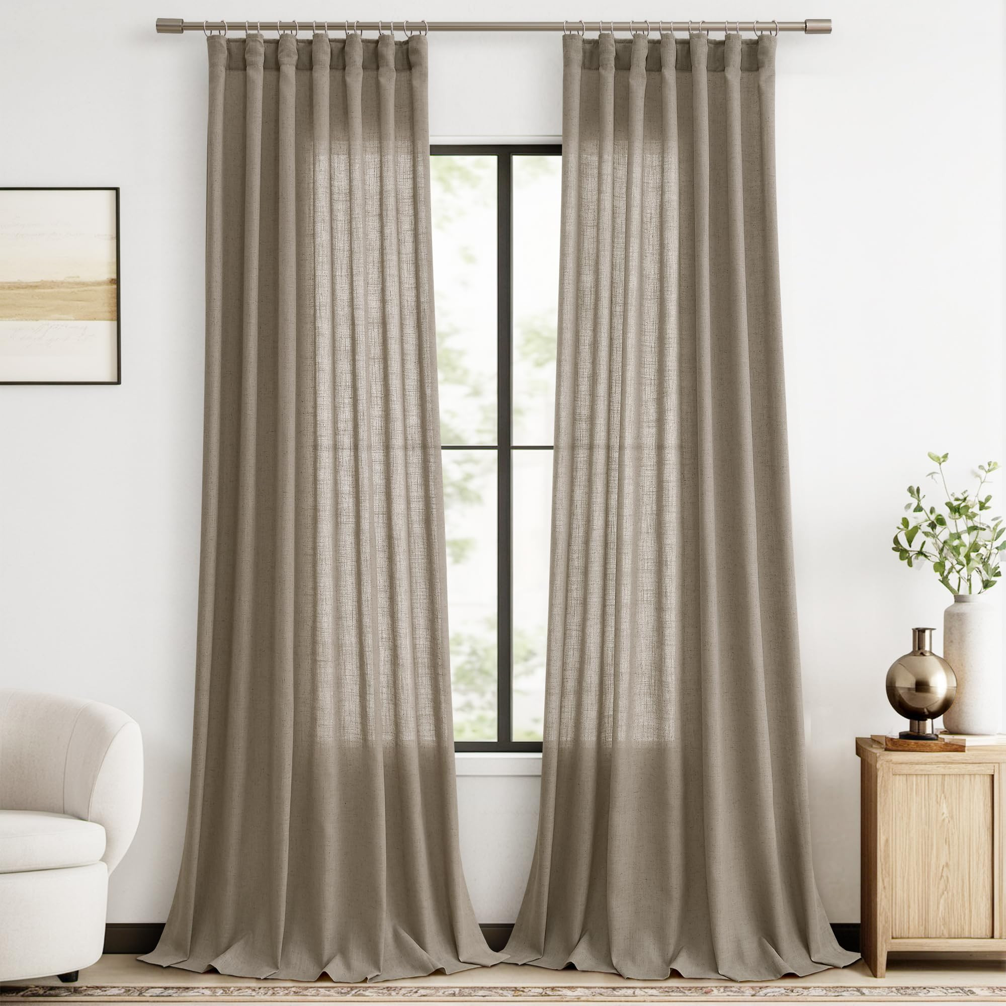 Joywell Taupe Hook Belt Linen Semi Sheer Curtains 108 Inches Length Long Rod Pocket Back Tab Hook... | Amazon (US)