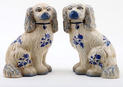 Staffordshire Reproduction Floral King Charles Spaniel Blue Dog Pair 9 1/2 in | eBay US