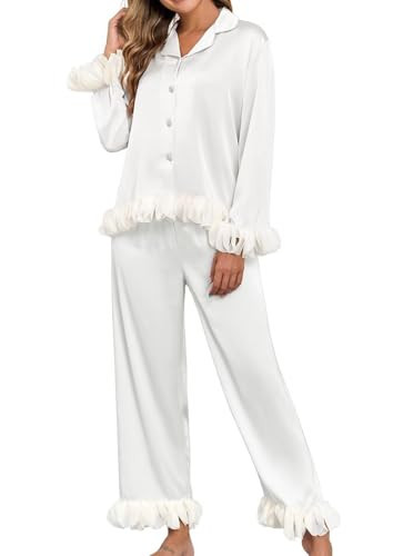 Brosloth Womens Bridal Party Pajamas Silk Satin Pjs Set Long Sleeve Button Up Ruffle Wedding Pajama Loungewear Sets White L | Amazon (US)