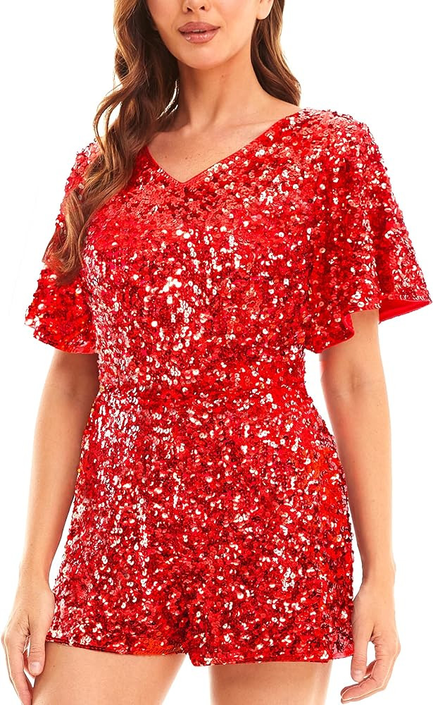 MANER Women’s Sequin Romper Sparkly Short Jumpsuit Party Concert Outfit With Flutter Sleeve | Amazon (US)