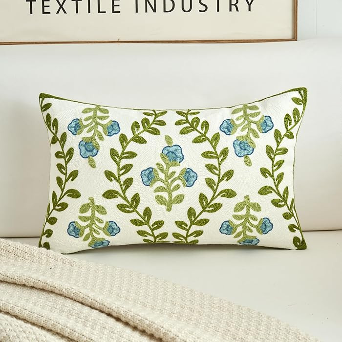 HOMFREEST Floral Embroidered Decorative Throw Pillow Covers 12x20 Inch Spring Blue Flower Green L... | Amazon (US)