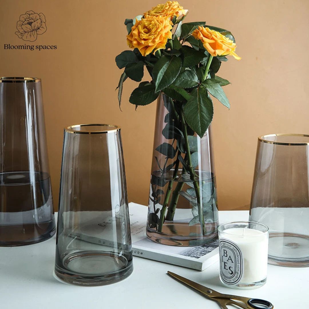 Nordic Luxury Glass Flower Vase Golden Rim Table Bar Restaurant Decor Transparent vase Aesthetic ... | Etsy (AU)