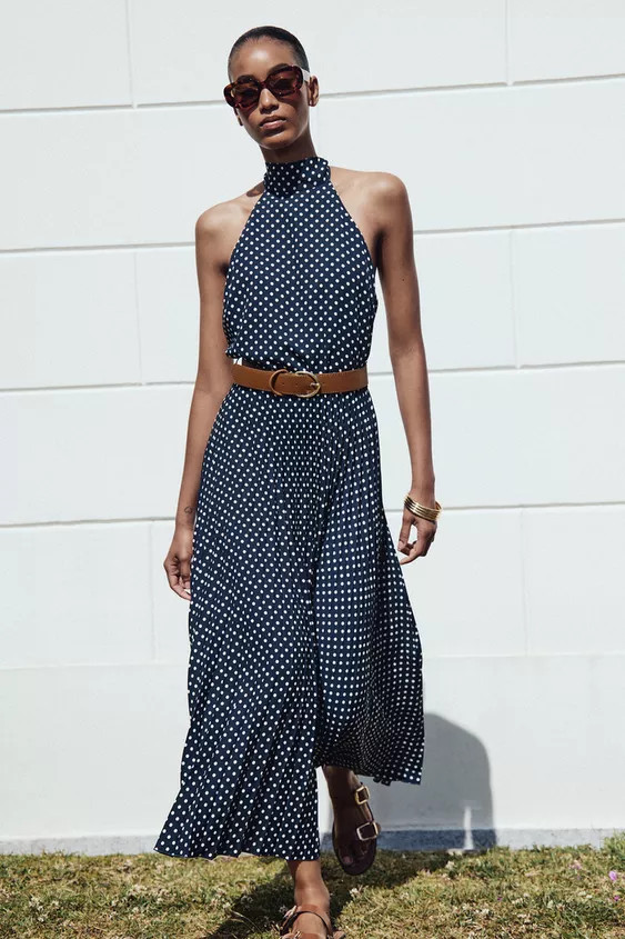 POLKA DOT MIDI HALTER DRESS WITH BELT | Zara US