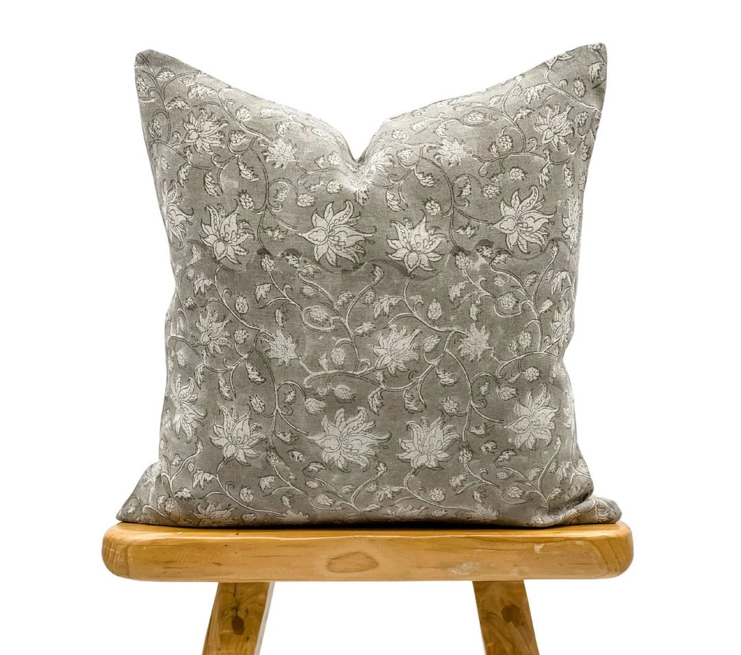 Designer Soft Grey Beige Floral Design on Natural Linen Pillow Cover, Beige Grey Pillow, Neutral ... | Etsy (US)