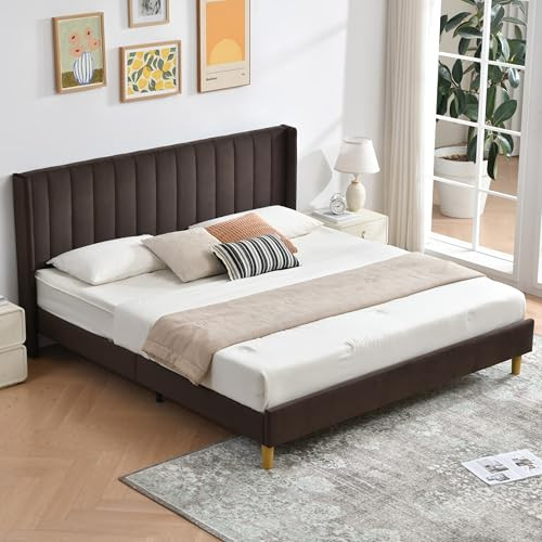 QNZK King Velvet Upholstered Platform Bed with Wingback Headboard, Brown | Amazon (US)