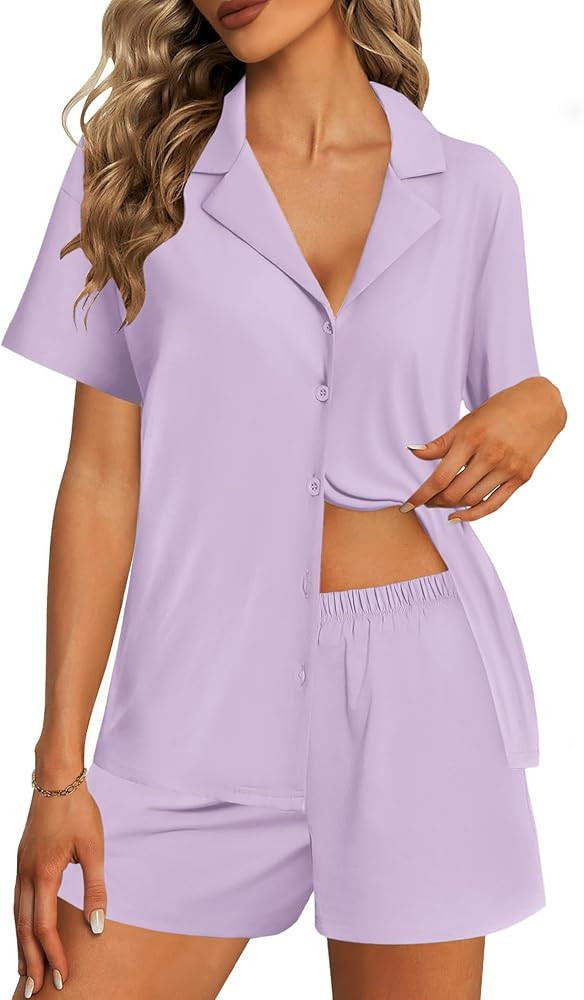 Ekouaer Womens Pajama Sets 2 Piece Cotton Pjs Button Down Sleepwear Short Sleeve Lounge Set with ... | Amazon (US)