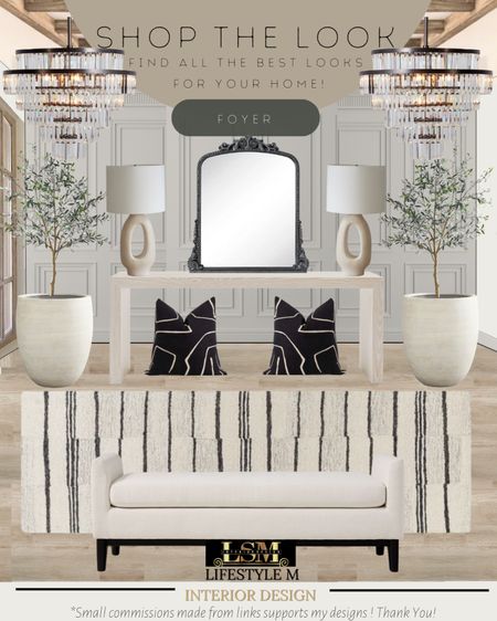 Transitional Foyer Idea. Wood console table, black throw pillow, black upholstered bench, table lamp, terracotta tree planter pot, realistic fake faux tree, black decorative mirror, chandelier, stripped runner.

#LTKhome #LTKFind #LTKstyletip