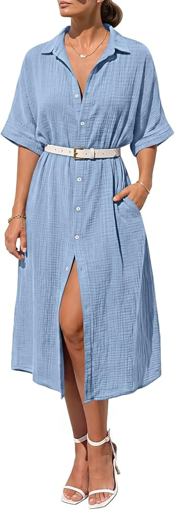 LILLUSORY Summer Long Shirt Dresses for Women 2026 Beach Vacation Outfits Casual Button Down Shor... | Amazon (US)